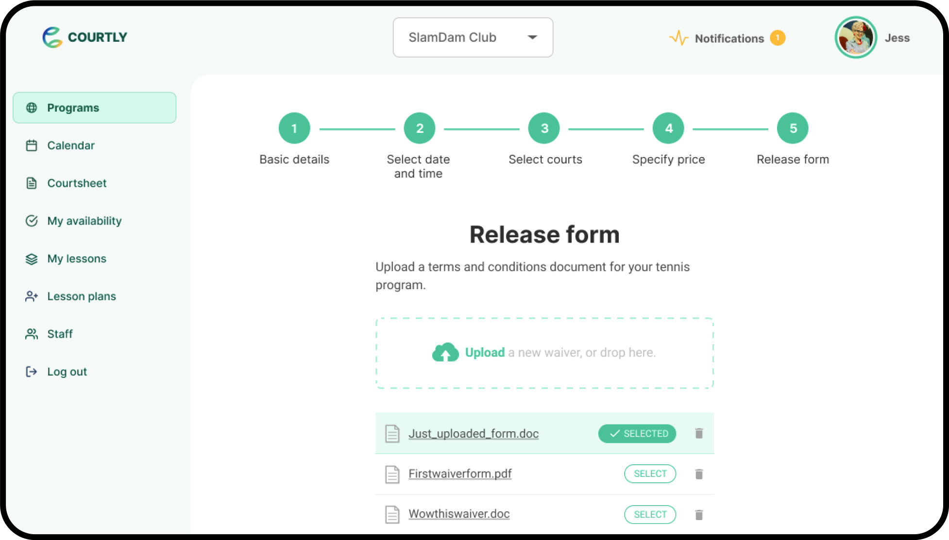 a screenshot of the Courtly app, a Club Management Platform for tennis players