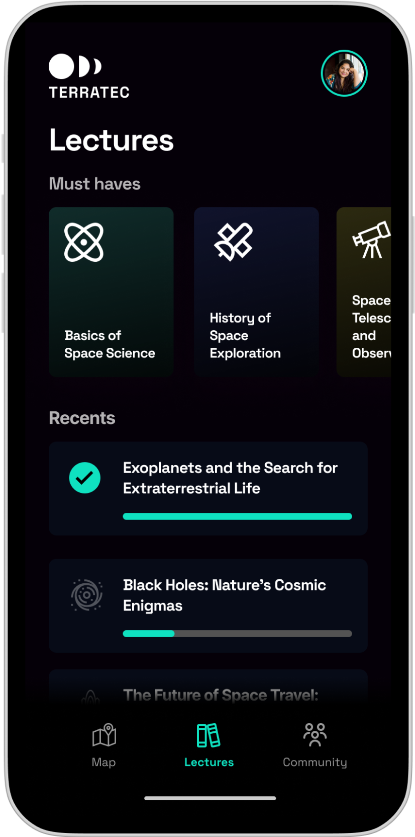 a screenshot of the Terratec app, an e-learning platform for space studies